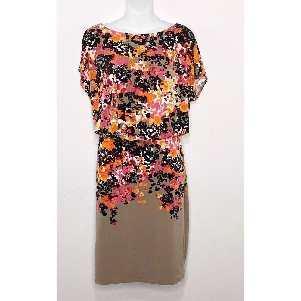 Evan-Picone Dress Size 4 Floral Taupe/Black/Pink Cold Shoulder